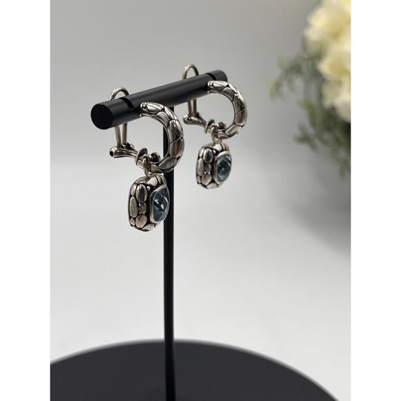 Sterling Silver 925 Faceted Blue CZ Bali‎ Style Hoop Dangle Earrings - Picture 3 of 8